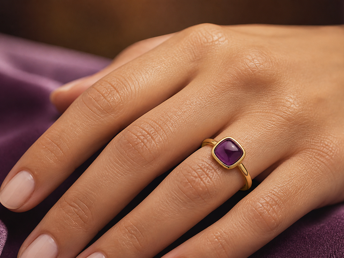 Bague solitaire moderne en or jaune 18 carats sertie d'une améthyste véritable taille cabochon coussin, un bijou de joaillerie élégant et intemporel.