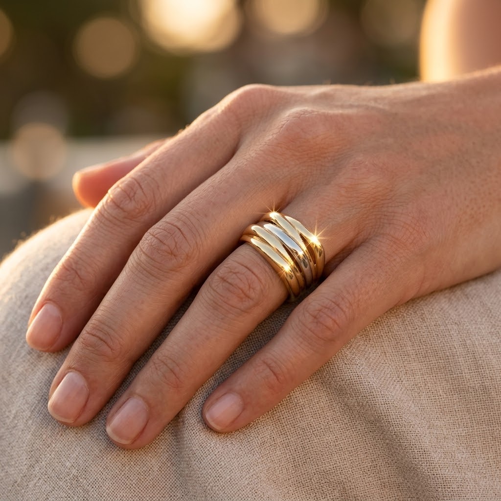 Grosse bague carrée 5 anneaux entrelacés en or bicolore 18 carats portée à l'annulaire d'une femme au coucher du soleil.
