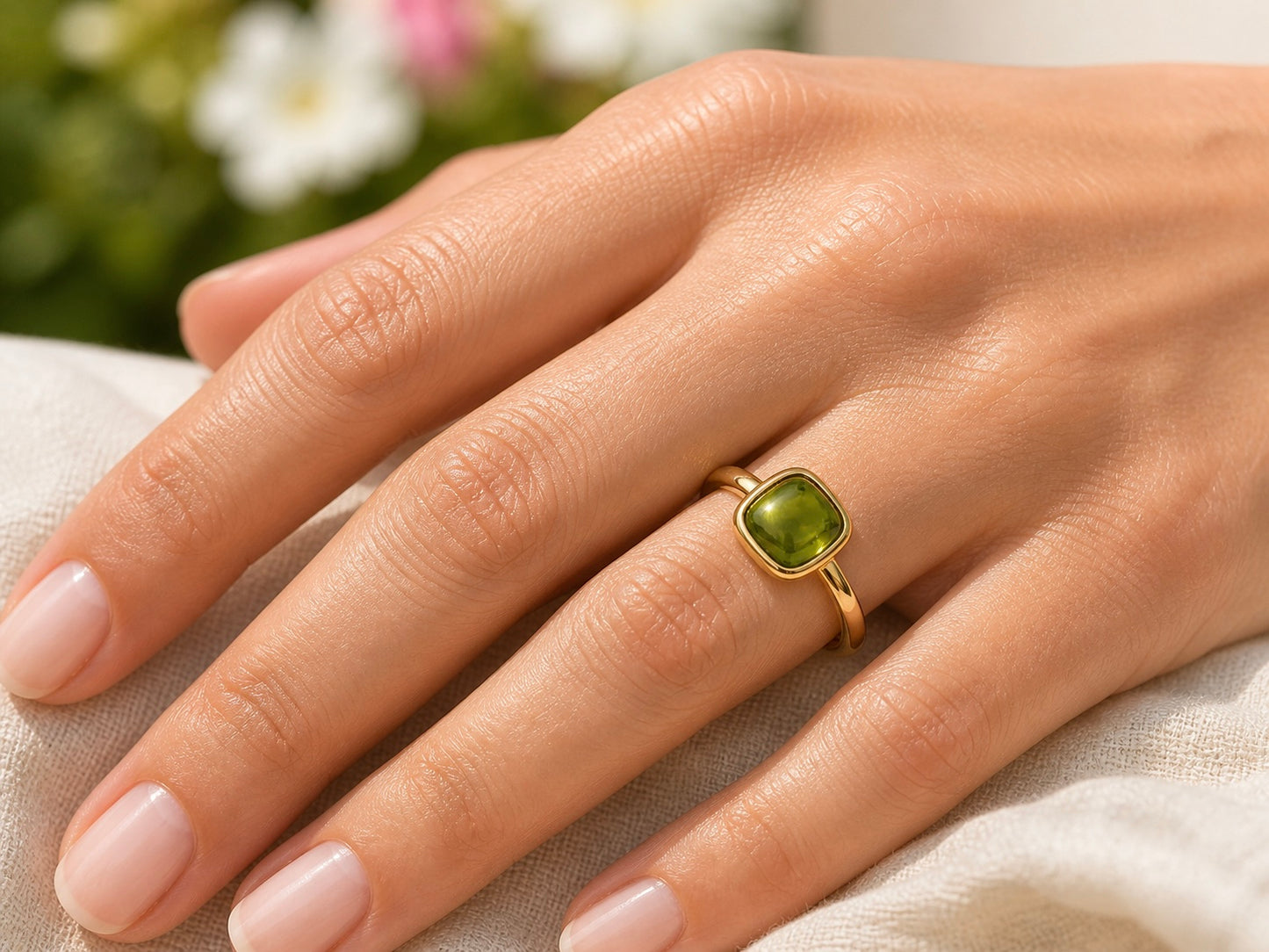 Gros plan sur une main de femme portant une bague en or jaune 18 carats sertie d'un péridot véritable taille cabochon coussin, éclat solaire et naturel.