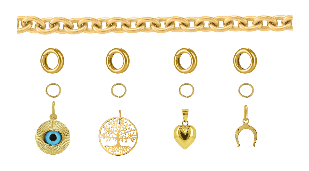 Guide de création d'un collier en or 18k avec pendentifs interchangeables grâce à un connecteur articulé.