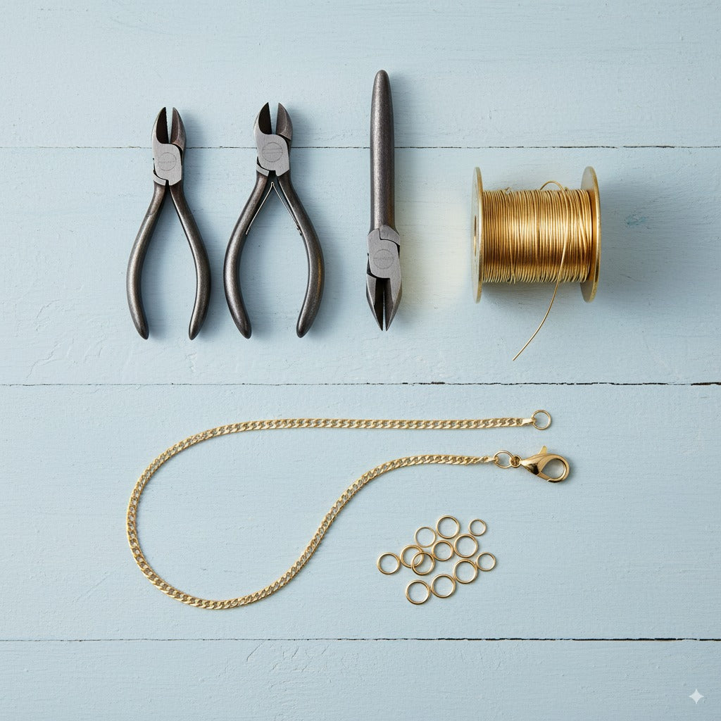 Kit de démarrage essentiel pour la création de bijoux en or, avec pinces, fil d'or et apprêts.