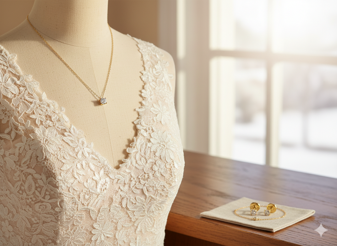 Guide complet pour choisir ses bijoux de mariage en or : collier, bracelet et boucles d'oreilles pour sublimer sa robe de mariée.