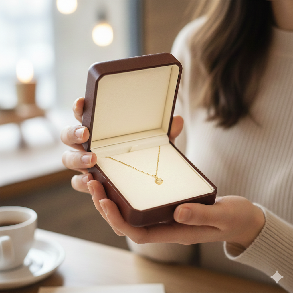 Jeune femme découvrant un collier fin en or dans un coffret, idée de cadeau pour les 20 ans d'une fille.