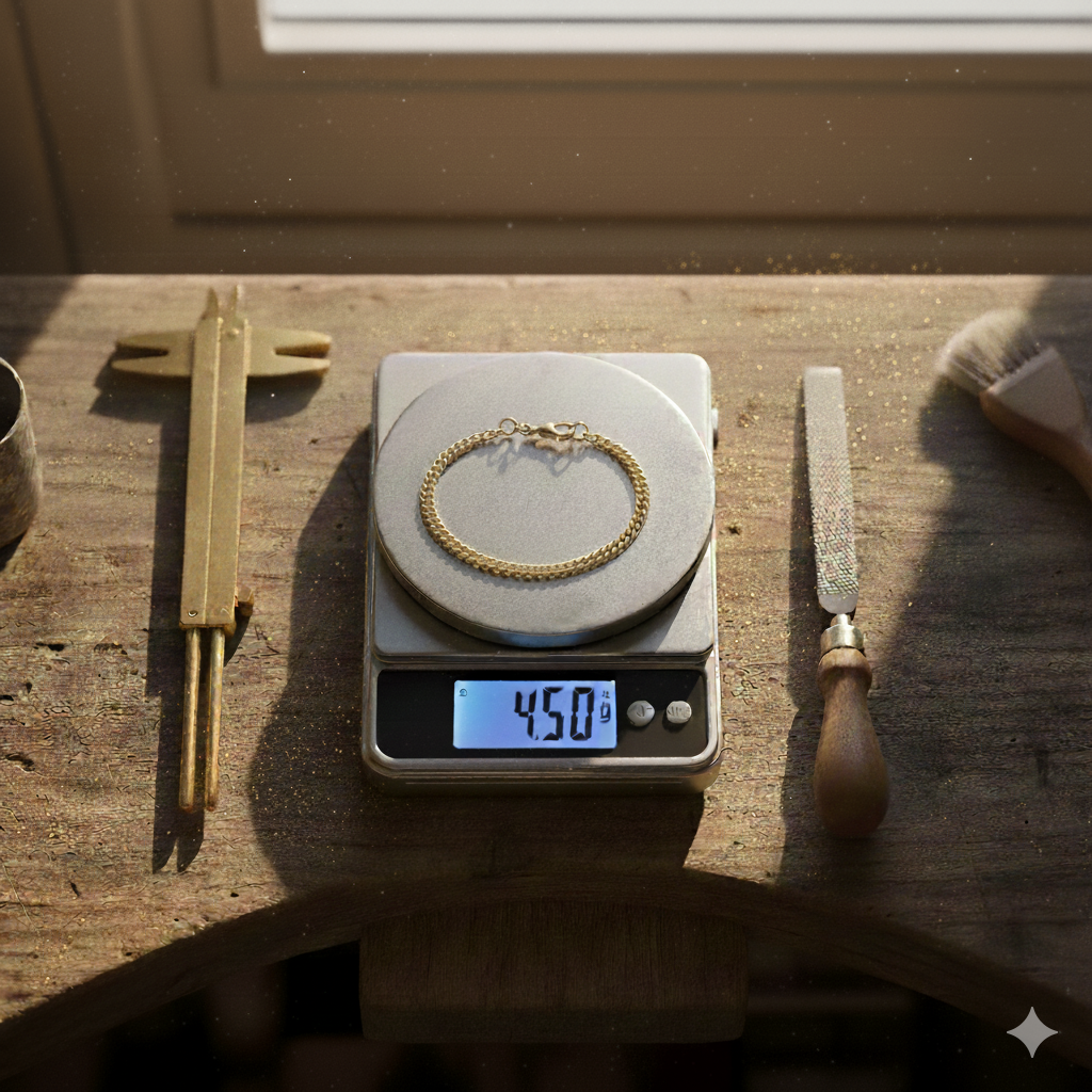 Explication du prix d'un bracelet en or 18 carats, pesé sur une balance de bijoutier dans un atelier pour en déterminer la juste valeur.