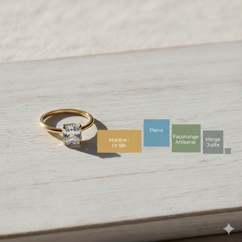 Décomposition du prix d'une bague en or pour en comprendre la juste valeur : part du métal, de la pierre et du façonnage.