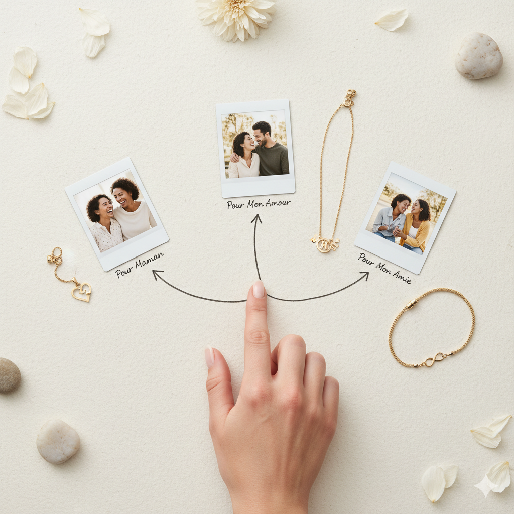 Guide visuel pour choisir quel bijou offrir à une femme, montrant un chemin de décision vers des bijoux en or adaptés pour une mère, une amoureuse ou une amie.