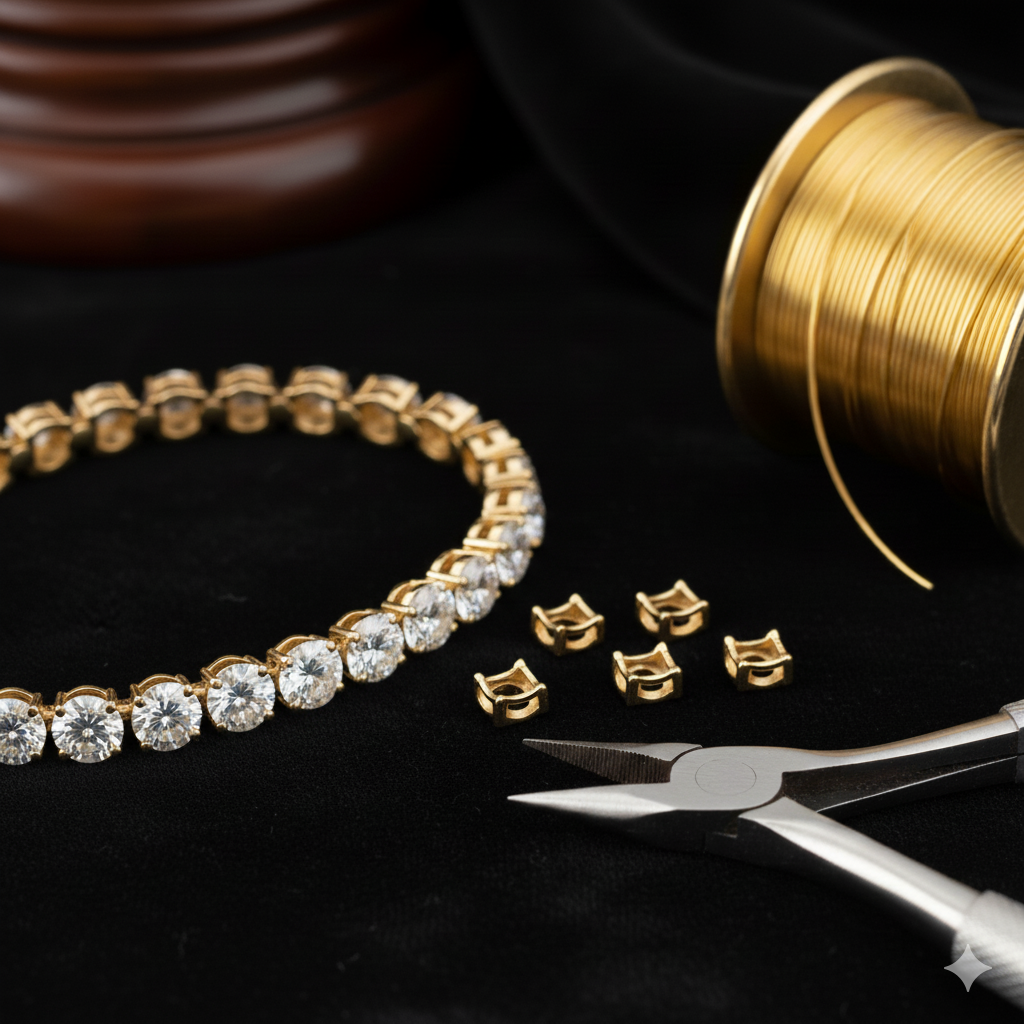 Tutoriel pour apprendre à fabriquer un bracelet rivière (style tennis) en fil d'or 18 carats.