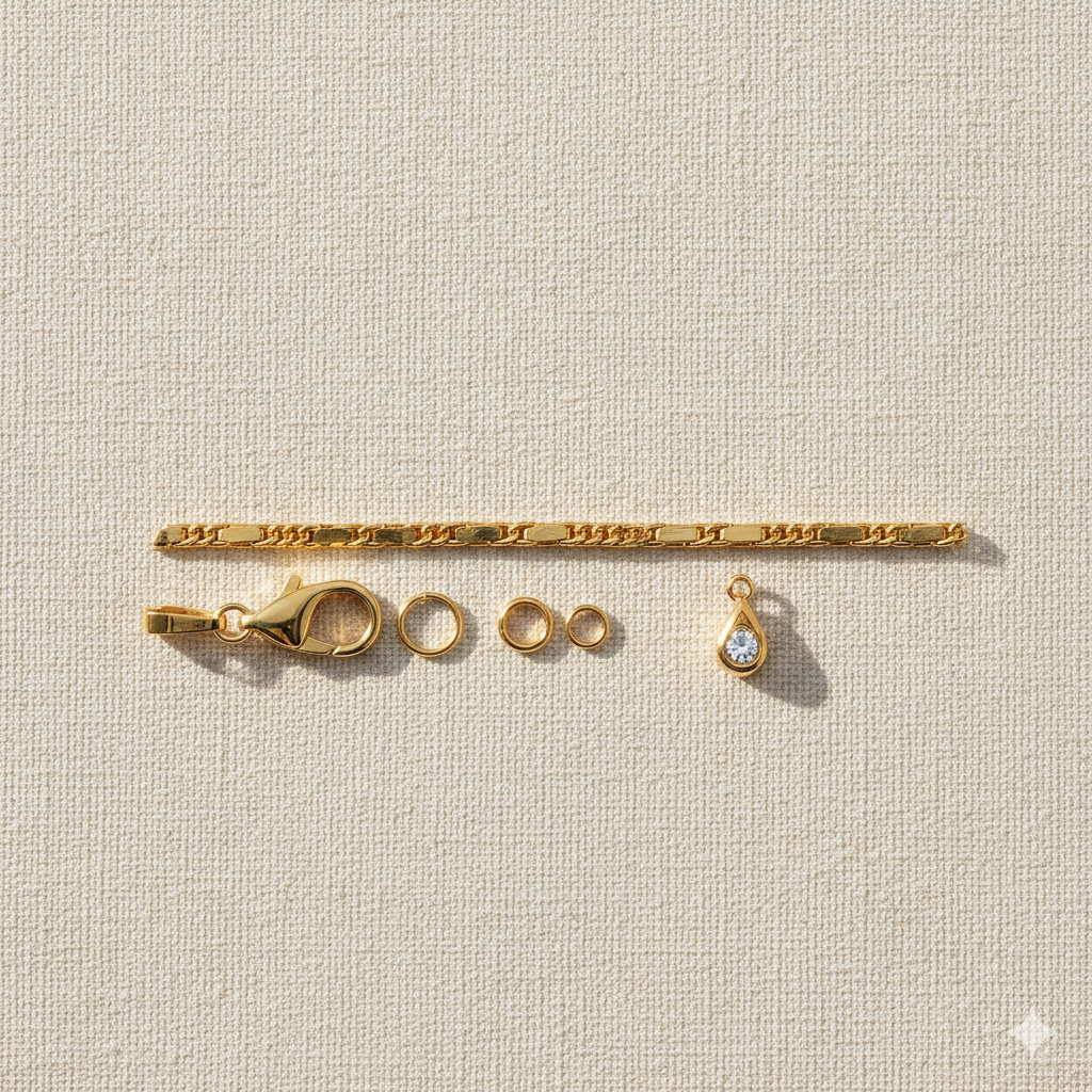 Guide des composants indispensables pour créer un collier en or : chaîne, fermoir et anneaux de jonction.