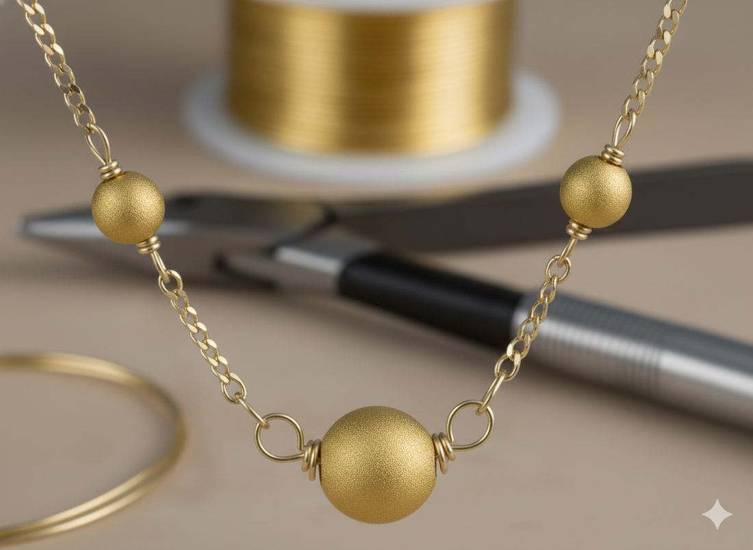 Guide de joaillier pour apprendre à créer un collier station (tin cup) avec des perles d'or 18 carats.