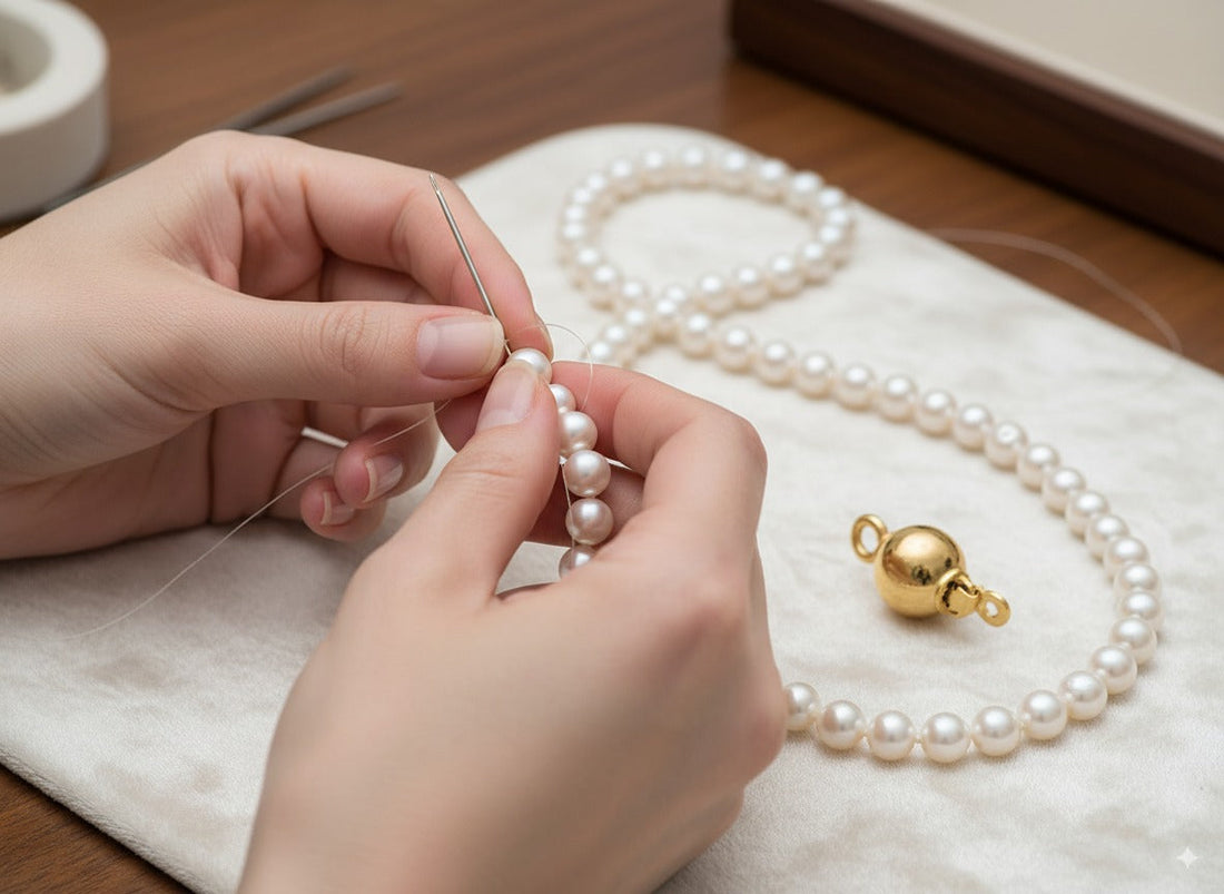 Guide tutoriel pour apprendre à faire un collier de perles avec la technique du nœud de joaillier entre chaque perle.