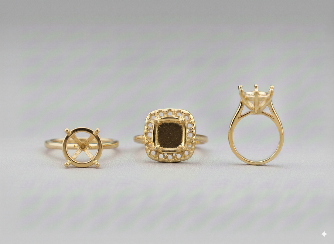 Guide comparatif des différents types de montures de bague en or pour solitaire, halo et autres styles.