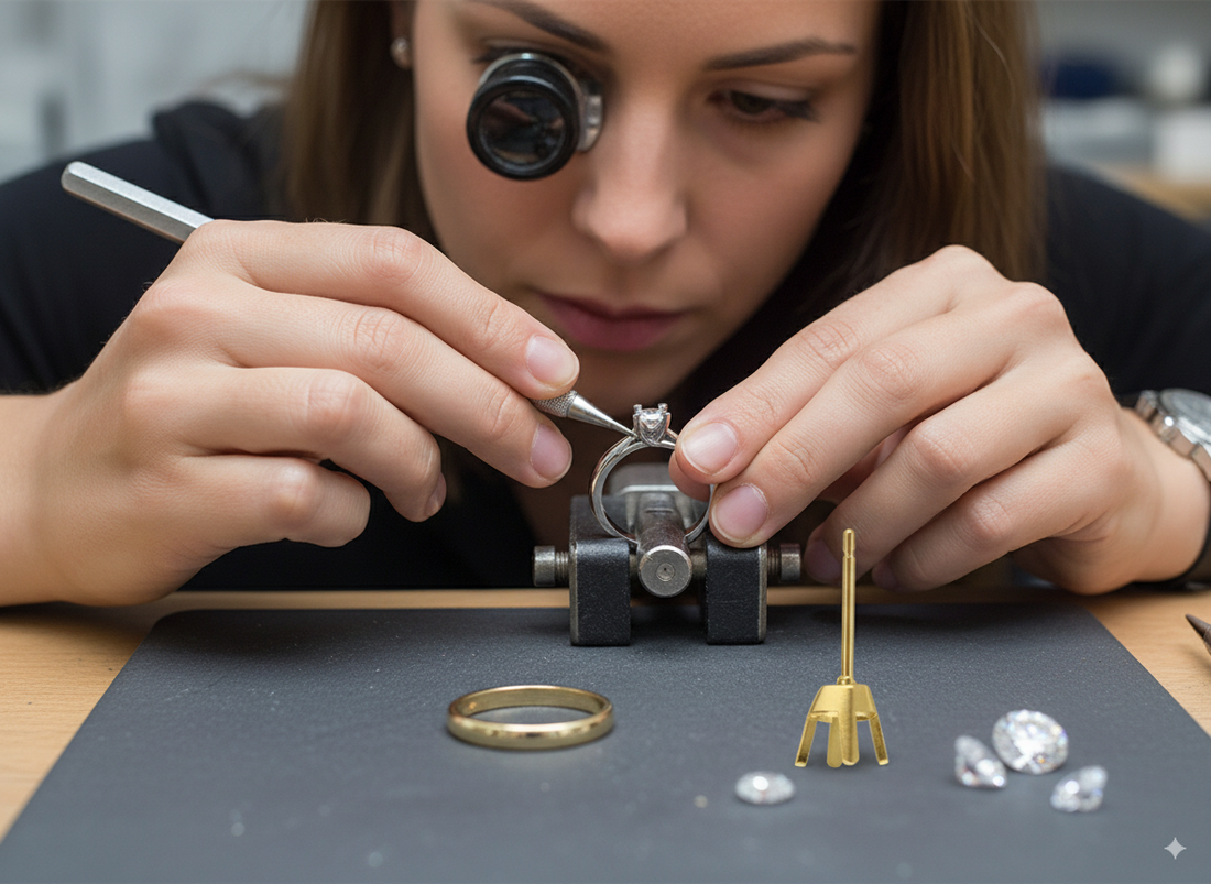 Guide des techniques de sertissage de pierres précieuses pour la création de bijoux en or.