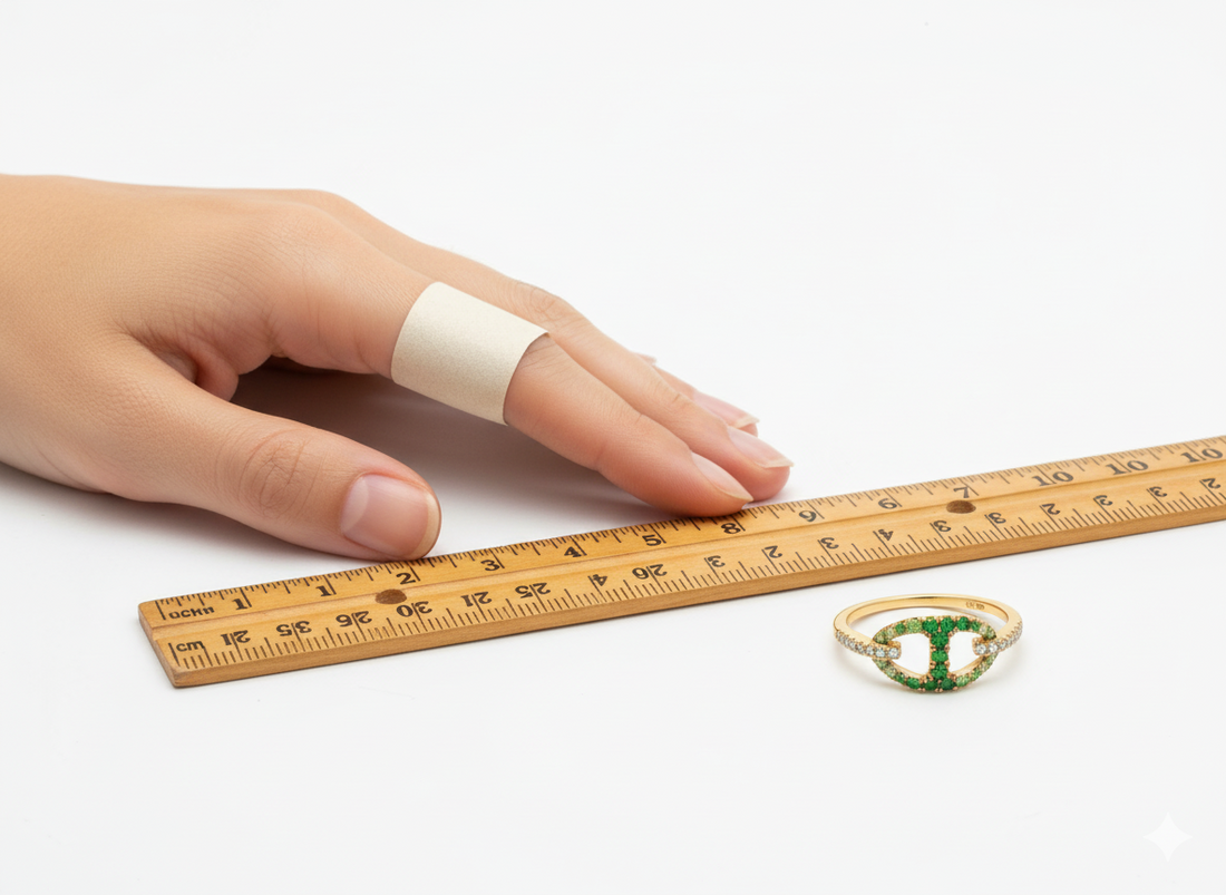 Guide pour mesurer sa taille de bague à la maison avec un ruban de papier et une règle.