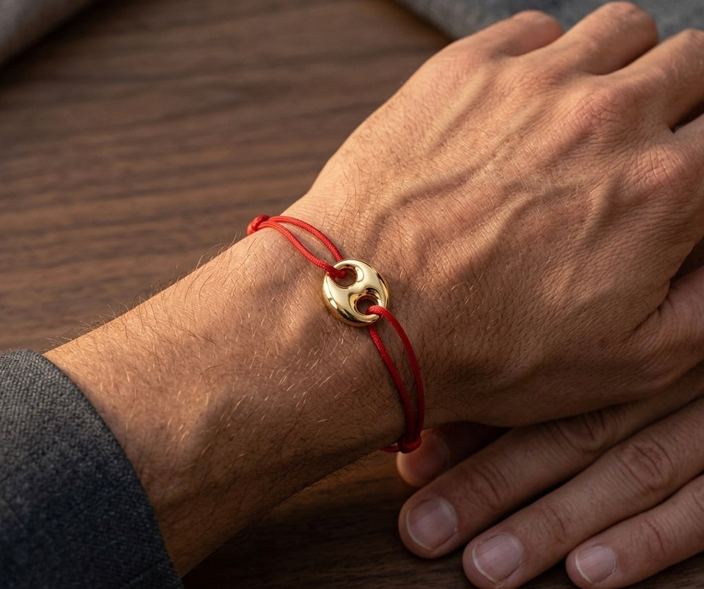 18K Yellow Gold Red Cord Bracelet with Coffee Bean