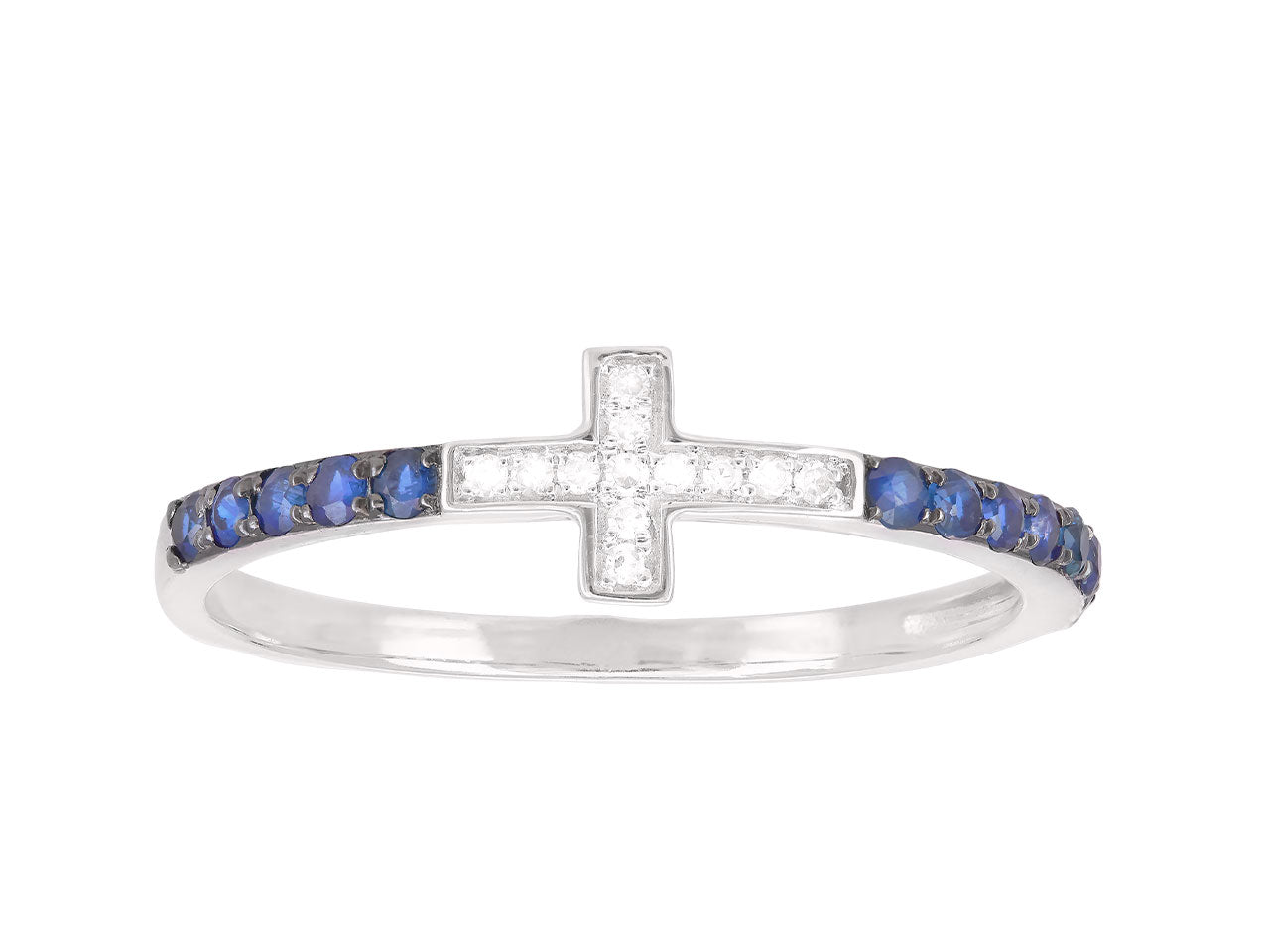 Bague croix en or blanc 18 carats sertie de saphirs bleus et diamants, design joaillerie fine.