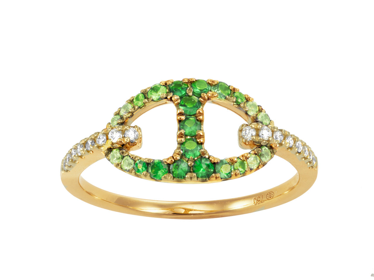Bague maille marine en or jaune 18 carats, pavée de grenats verts et de diamants.
