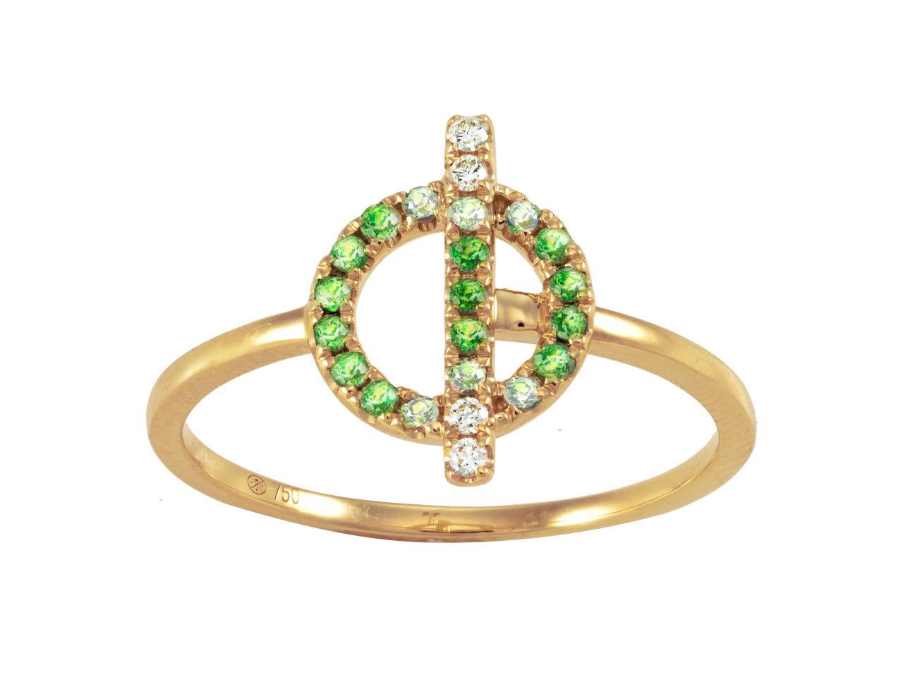 Bague Croisette en or jaune 18 carats avec cercle et barre, pavée de grenats verts et de diamants.
