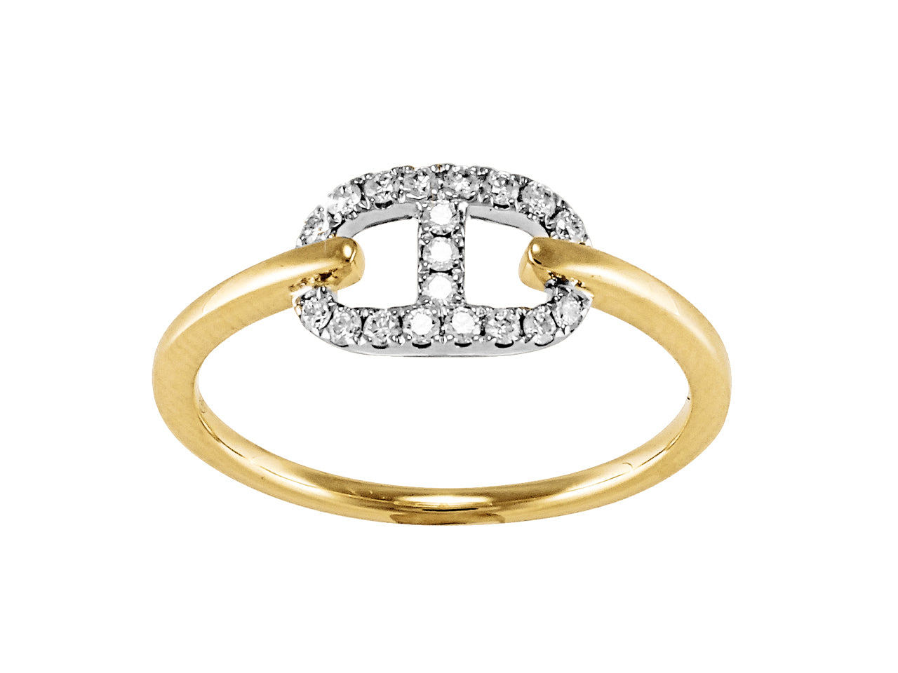 Bague maille marine en or jaune et blanc 18 carats, pavée de diamants.