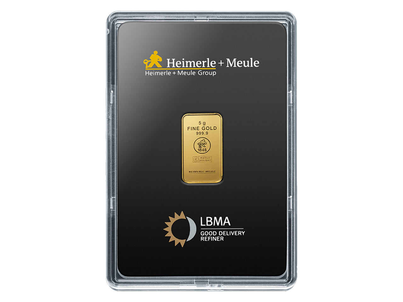 Lingot d'or fin 5 grammes Heimerle et Meule certifié LBMA sous coque transparente