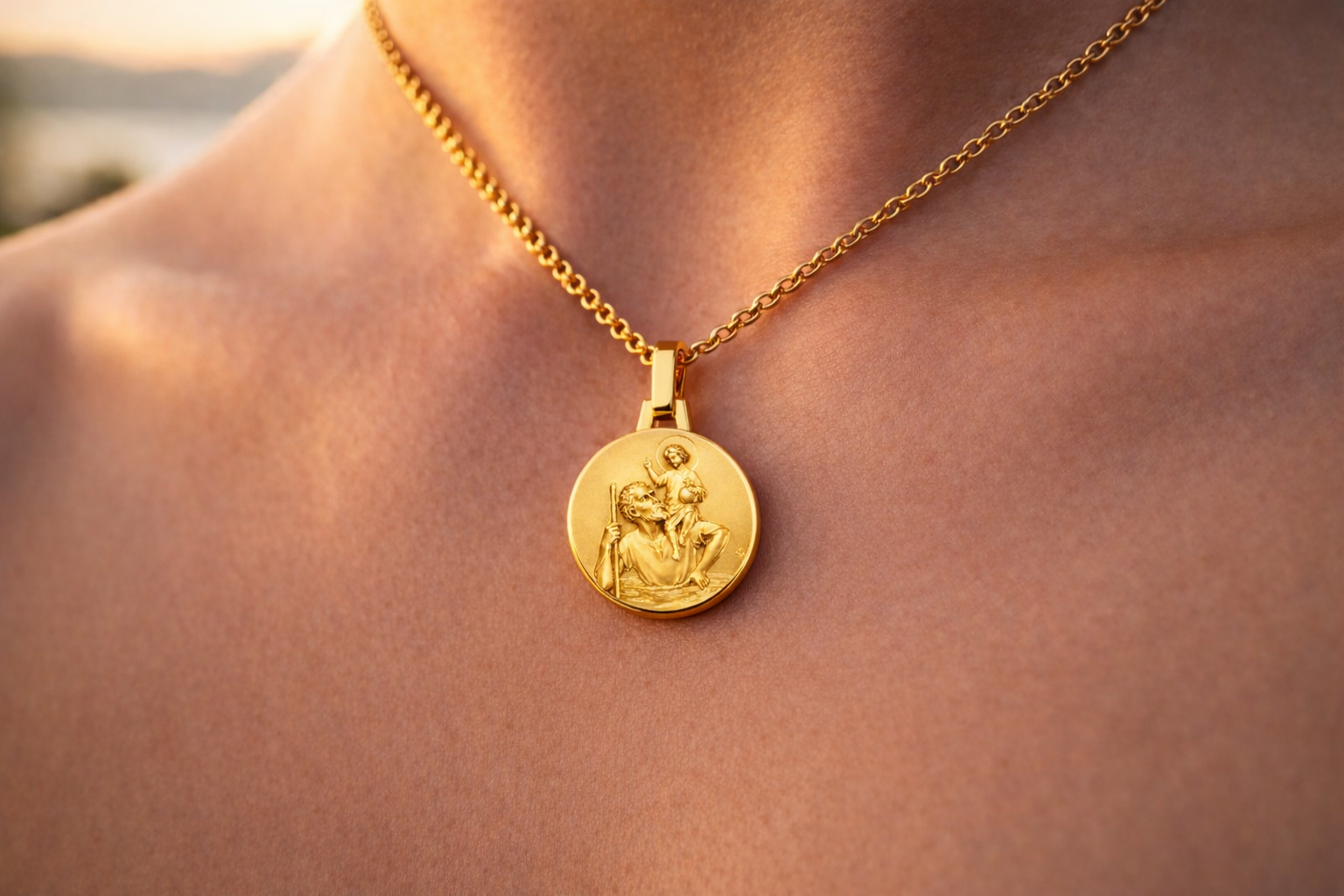 Médaille Saint Christophe en or jaune 18 carats, pendentif rond 18mm pour baptême ou voyageur, finition mate et bord perdu