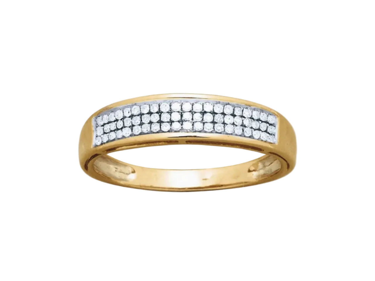 Alliance de mariage serti 3 rangs en or jaune 18 carats et pavage de diamants brillants de 0,19 carat.