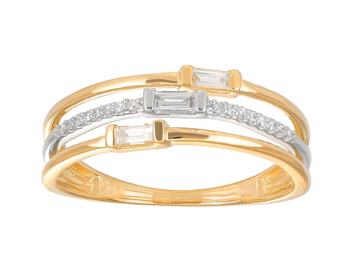 Bague 3 anneaux (3 rangs) en or jaune et or blanc 18 carats massif, ornée de diamants taille brillant et de trois diamants baguettes.