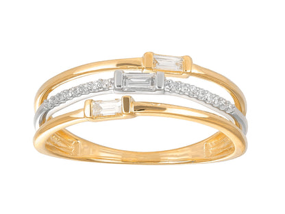 Bague 3 anneaux (3 rangs) en or jaune et or blanc 18 carats massif, ornée de diamants taille brillant et de trois diamants baguettes.