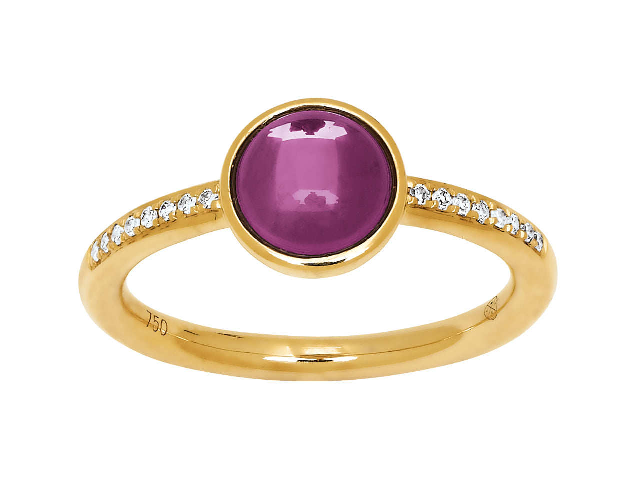 Bague solitaire moderne en or jaune 18 carats sertie d'un cabochon d'améthyste véritable et d'un pavage de diamants brillants.