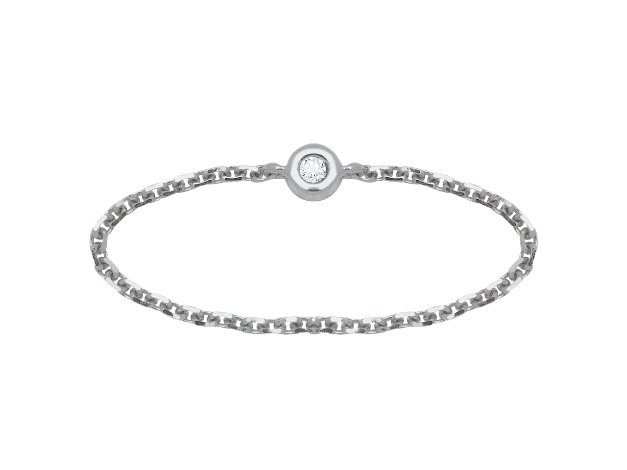 Bague fine chaîne en or blanc 18 carats avec un diamant solitaire brillant.