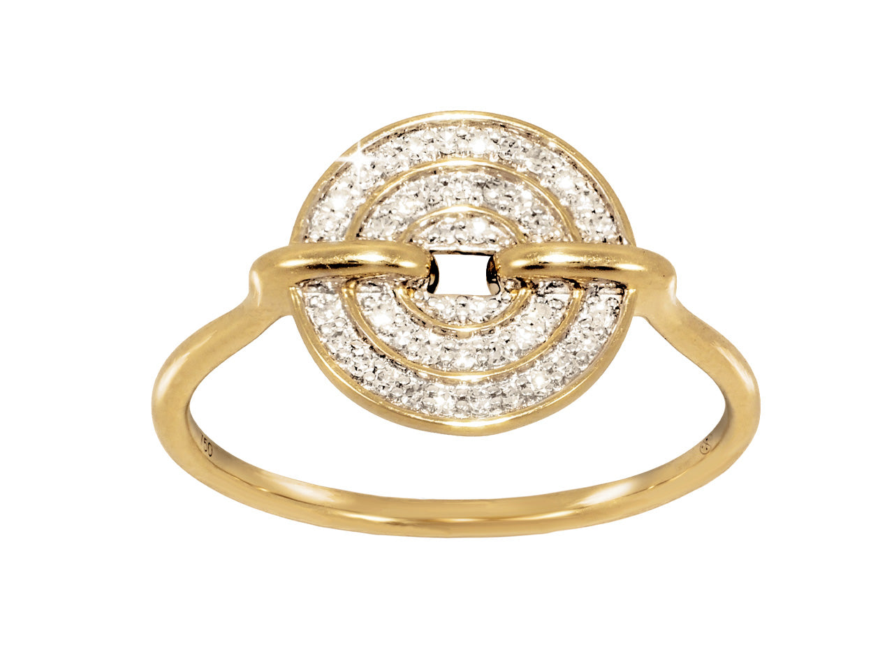 Bague moderne en or jaune 18 carats avec un disque de 11 mm pavé de diamants naturels, vue de face.