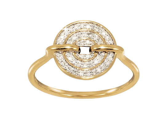 Bague moderne en or jaune 18 carats avec un disque de 11 mm pavé de diamants naturels, vue de face.