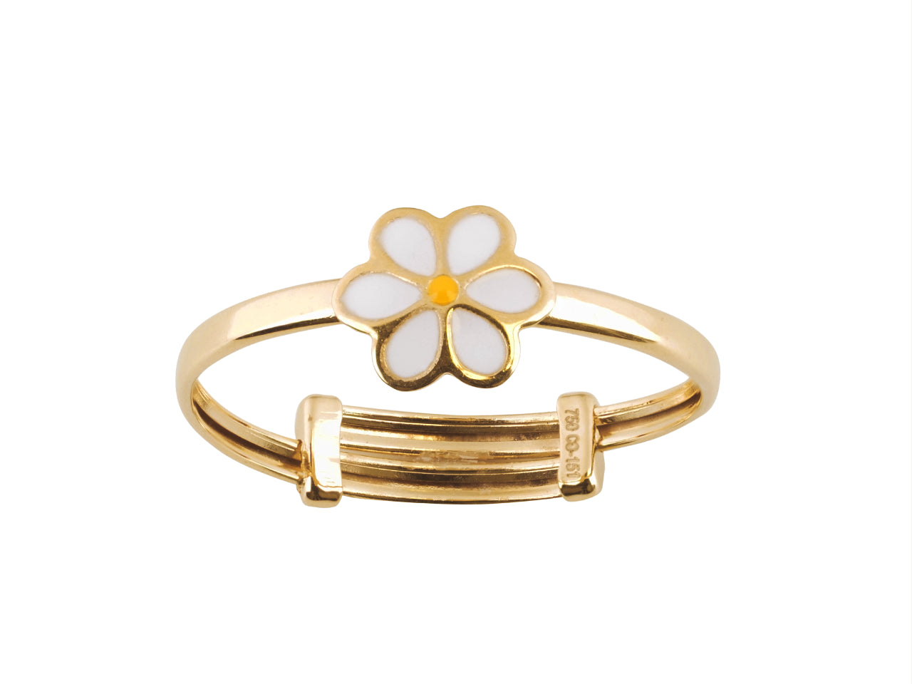 Bague fille en or 18 carats réglable, avec une pâquerette en résine blanche et jaune.