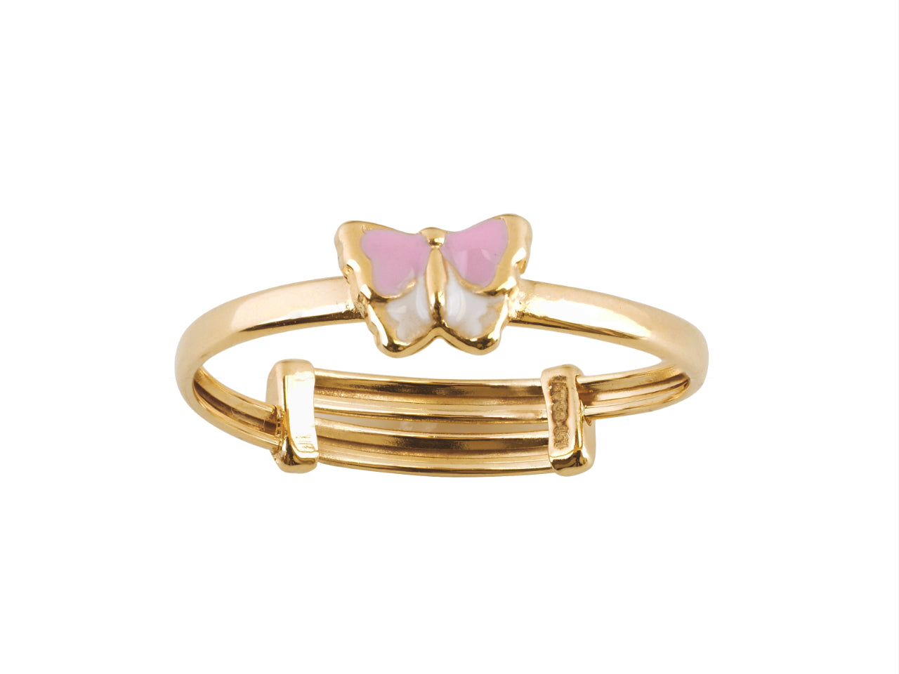 Bague jeune fille en or 18k réglable, avec motif papillon en résine rose et blanc.