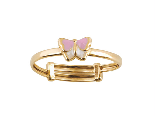 Bague jeune fille en or 18k réglable, avec motif papillon en résine rose et blanc.