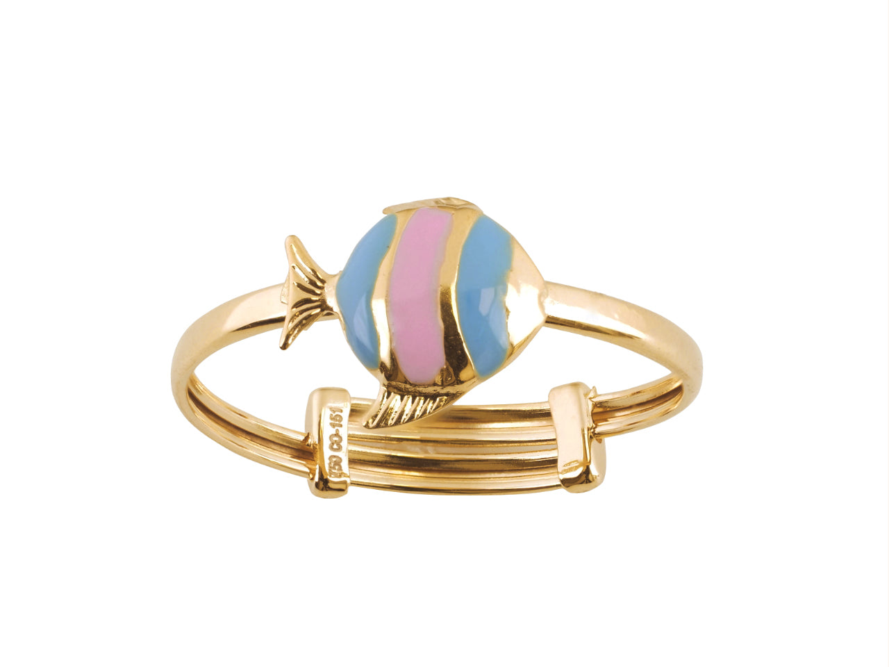 Bague pour enfant en or 18k réglable, avec un motif poisson en résine rose et bleu.