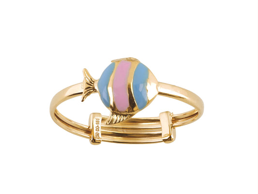 Bague pour enfant en or 18k réglable, avec un motif poisson en résine rose et bleu.