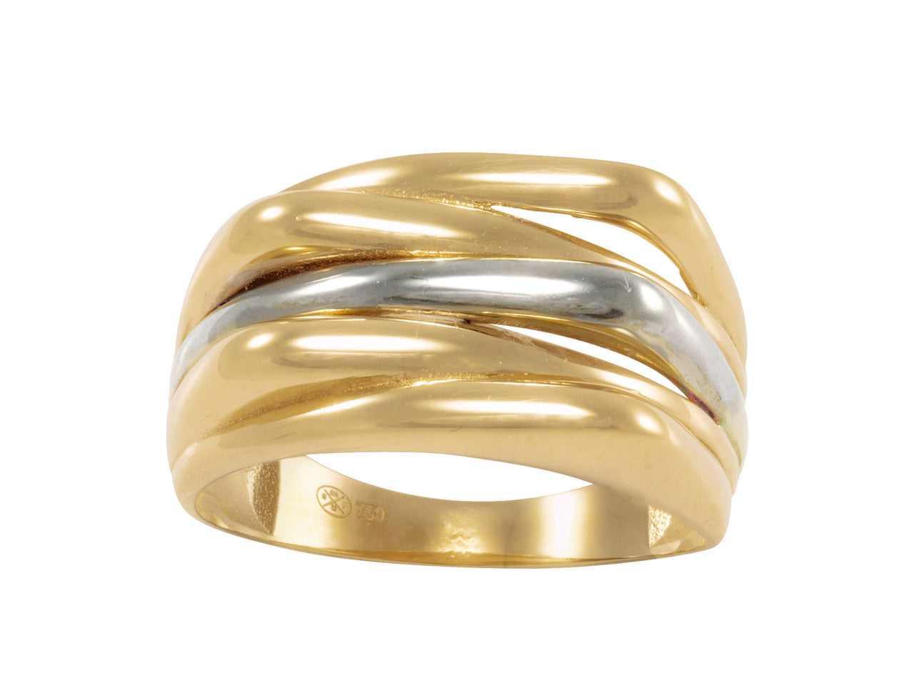 Grosse bague large carrée bombée de type jonc en or bicolore 18 carats avec 5 anneaux entrelacés sur fond blanc.