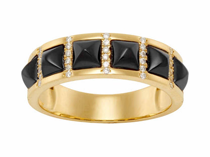 Bague de style Art Déco en or jaune 18 carats ornée d'onyx noir taillé en motif clou et de lignes de diamants.