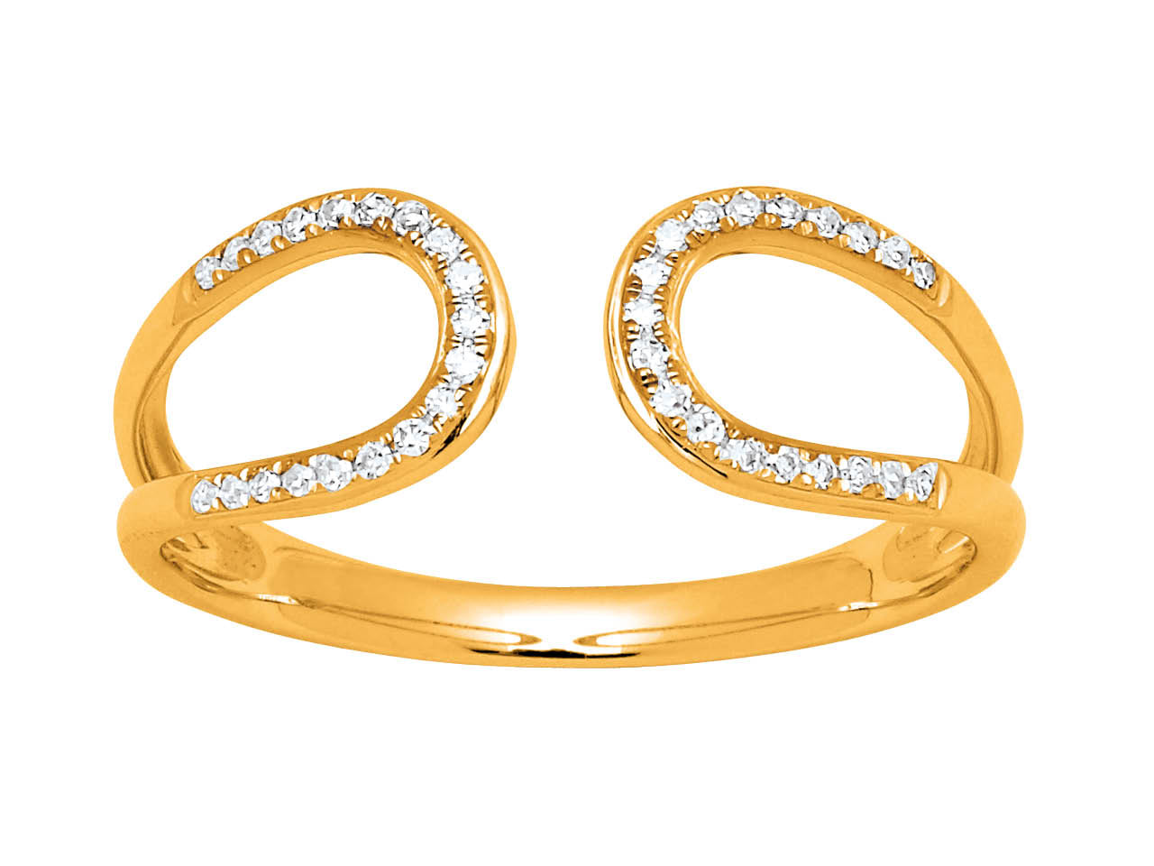 Bague ouverte pour femme en or jaune 18 carats et diamants, design fluide avec boucles entrelacées.