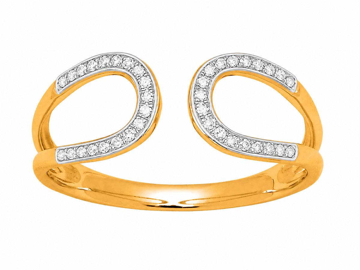 Bague ouverte pour femme en or jaune 18 carats et diamants, design fluide avec boucles entrelacées.