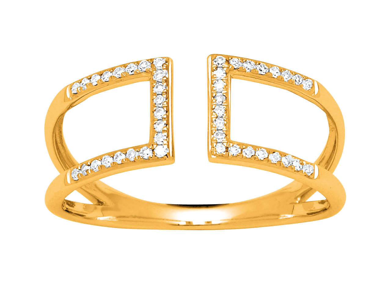 Bague ouverte en or jaune 18 carats sertie de diamants, modèle géométrique avec motifs carrés dos à dos.