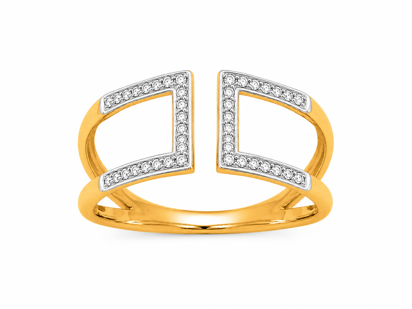 Bague ouverte en or jaune 18 carats sertie de diamants, modèle géométrique avec motifs carrés dos à dos.