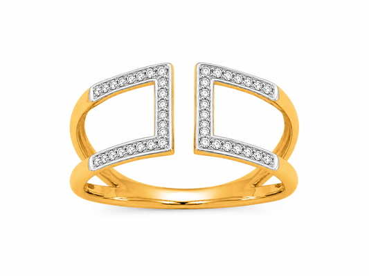 Bague ouverte en or jaune 18 carats sertie de diamants, modèle géométrique avec motifs carrés dos à dos.