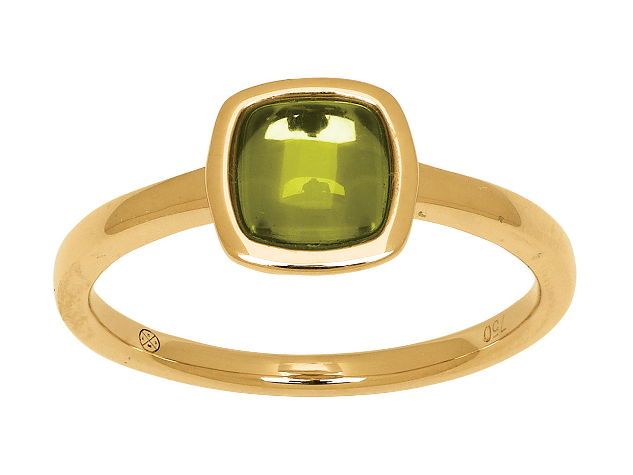 Bague solitaire moderne en or jaune 18 carats sertie d'un péridot véritable taille cabochon coussin de 1,50 carat.
