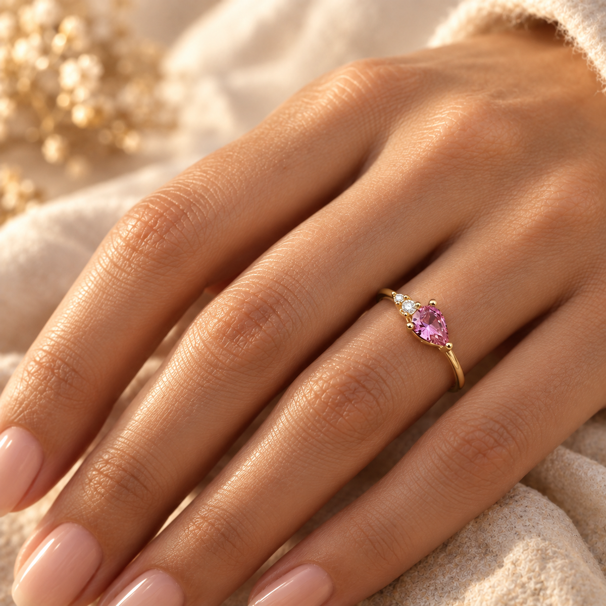 Bague de fiançailles avec saphir rose poire en or jaune 18 carats portée à l'annulaire d'une femme.