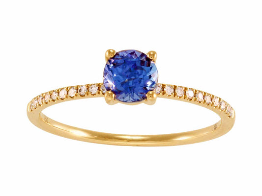 Bague solitaire de fiançailles en or jaune 18 carats massif ornée d'une tanzanite ronde et d'un pavage de diamants.