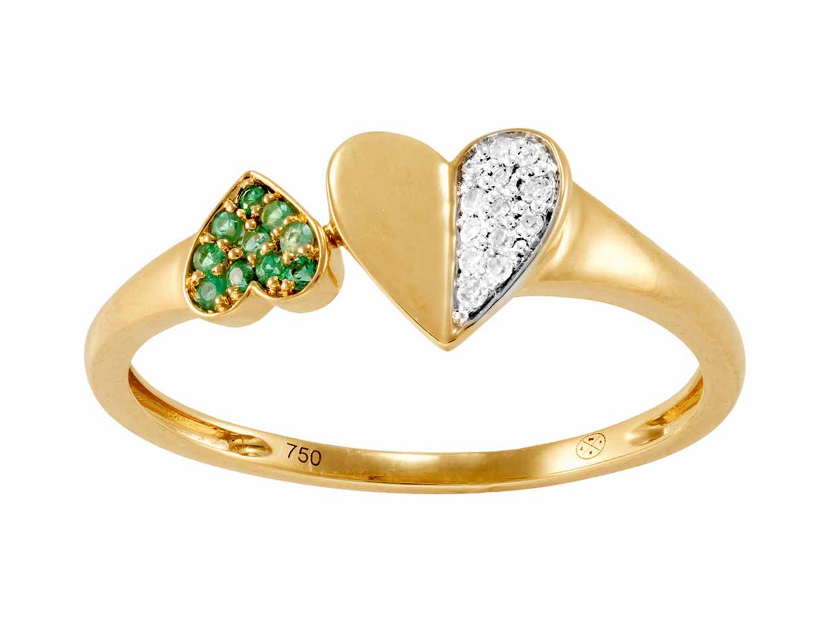 Bague Toi et Moi moderne en or jaune 18 carats avec double coeur pavé de diamants et d'émeraudes vertes.