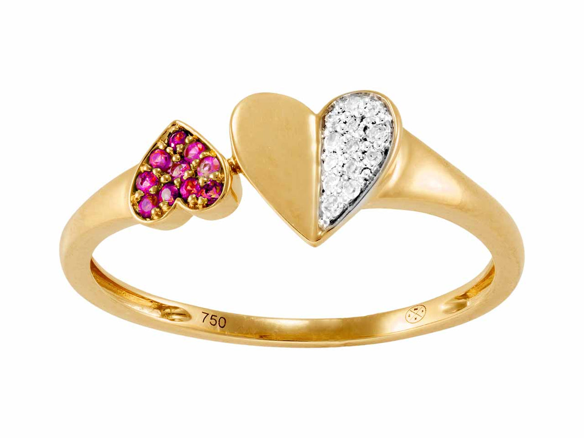 Bague Toi et Moi coeur rouge en or jaune 18 carats avec motif double coeur serti de rubis et de diamants.