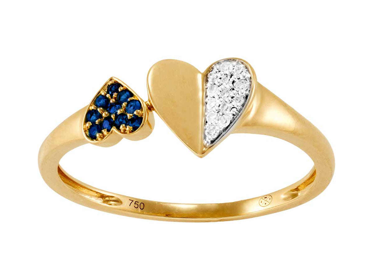 Bague de fiançailles Toi et Moi coeur bleu en or jaune 18 carats ornée d'un pavage de saphirs et de diamants.