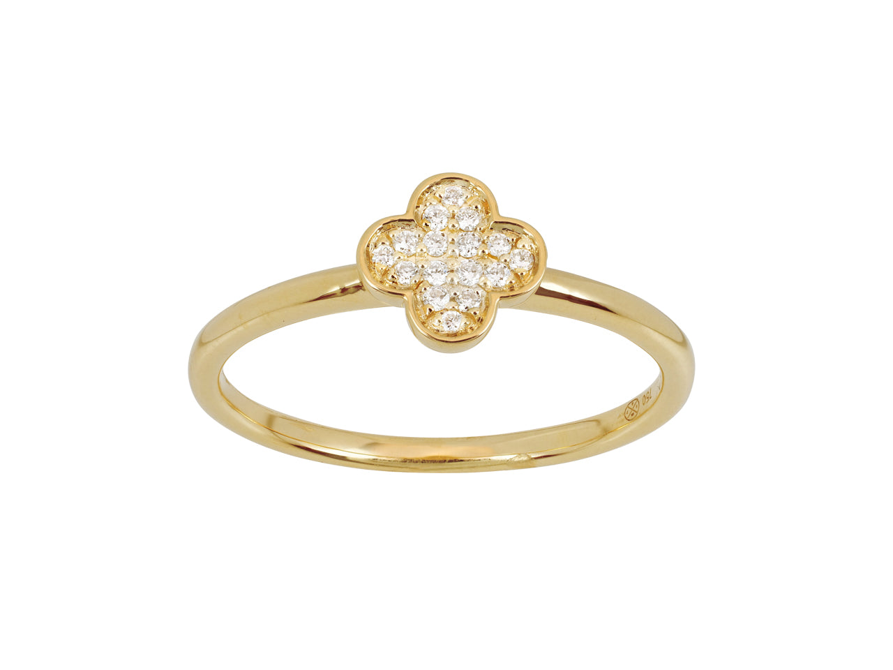 Bague trèfle à 4 feuilles en or jaune 18 carats sertie de diamants naturels, vue de face sur fond blanc.